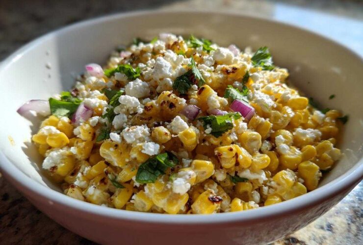 A close-up photo of a white bowl filled with vibrant yellow street corn salad topped with crumbled white cheese and fresh cilantro.