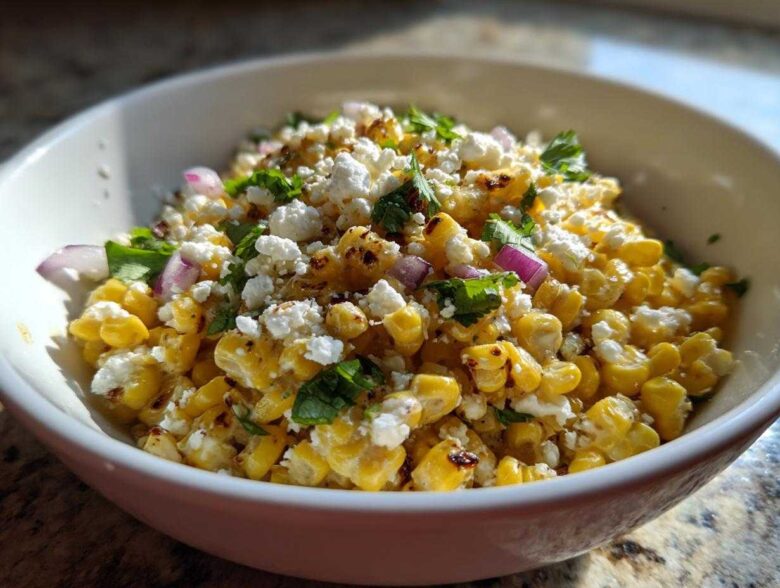 A close-up photo of a white bowl filled with vibrant yellow street corn salad topped with crumbled white cheese and fresh cilantro.