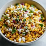 Close-up of a white bowl filled with charred corn kernels, crumbled white cheese, red onion, and cilantro, showcasing the street corn salad.