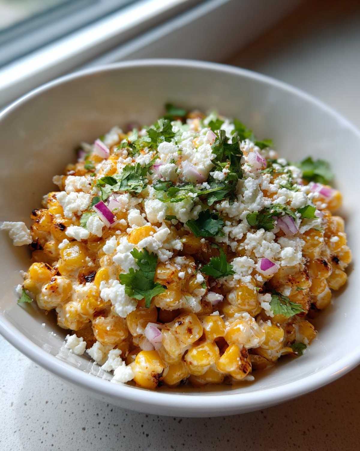 Close-up of a white bowl filled with creamy, charred street corn salad topped with cotija cheese, cilantro, and red onion.
