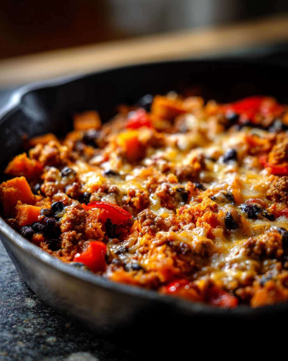 Close-up of a savory sweet potato skillet topped with melted cheese, ground meat, black beans, and red peppers.