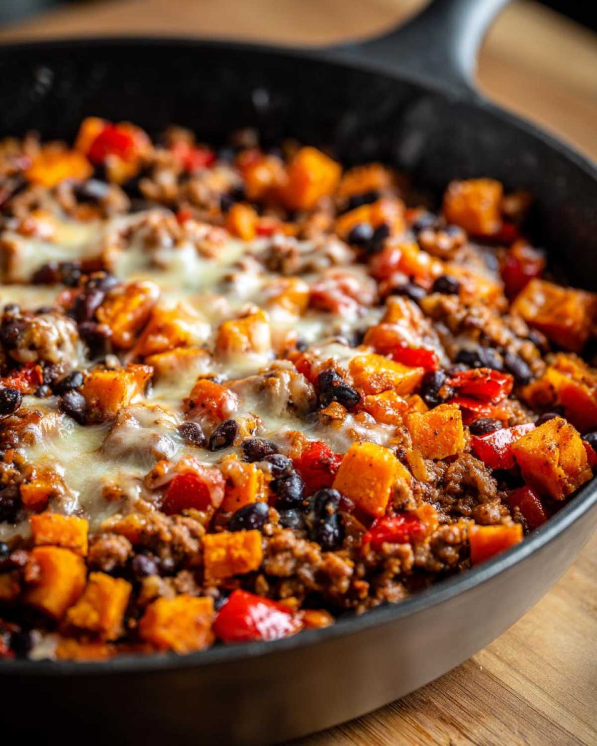 Close-up of a hearty sweet potato skillet topped with melted cheese, ground meat, black beans, and red peppers.