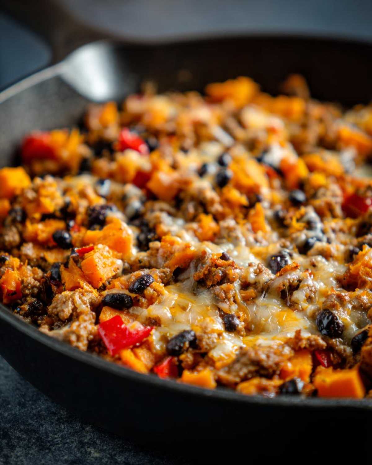Close-up of a savory sweet potato skillet dinner featuring ground meat, black beans, red peppers, and melted cheese.