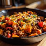 Close-up of a savory sweet potato skillet dinner with ground meat, black beans, melted cheese, and fresh cilantro.