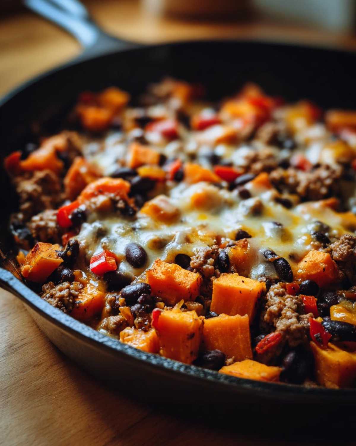 Close-up of a savory sweet potato skillet dinner featuring ground meat, black beans, and melted cheese.