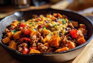 Close-up of a savory sweet potato skillet dinner with ground meat, black beans, melted cheese, and fresh cilantro.