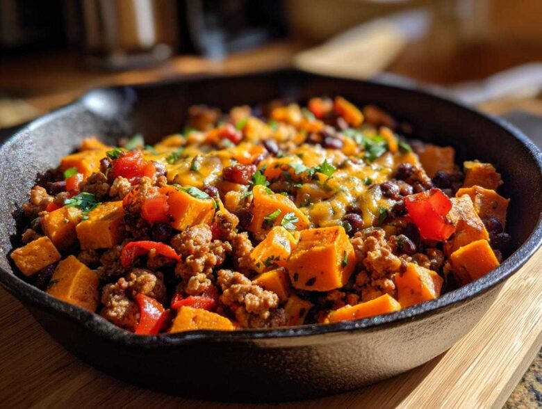 Close-up of a savory sweet potato skillet dinner with ground meat, black beans, melted cheese, and fresh cilantro.