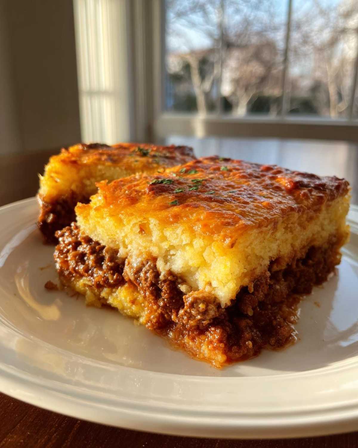 Two hearty slices of Amazing Tamale Pie showing a thick, savory meat filling topped with golden cornbread.