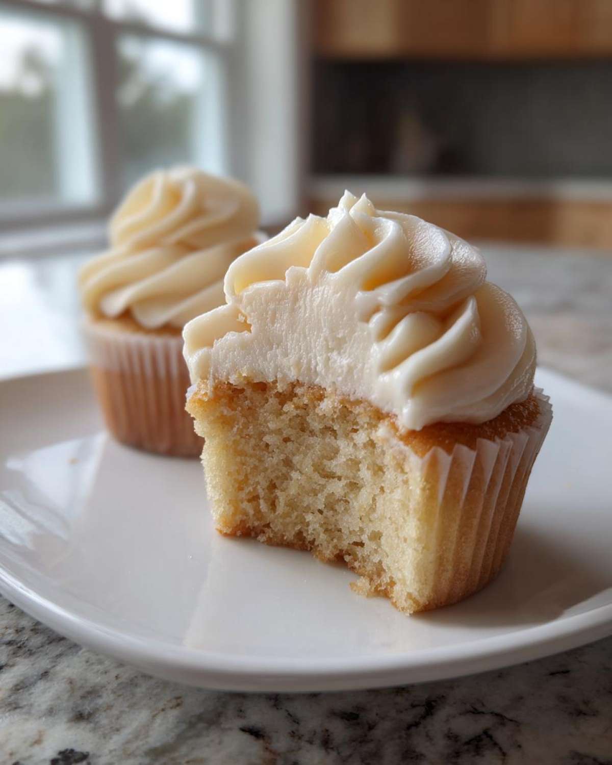 A close-up of a vanilla cupcake with a bite taken out, showing the moist crumb and thick vanilla frosting.