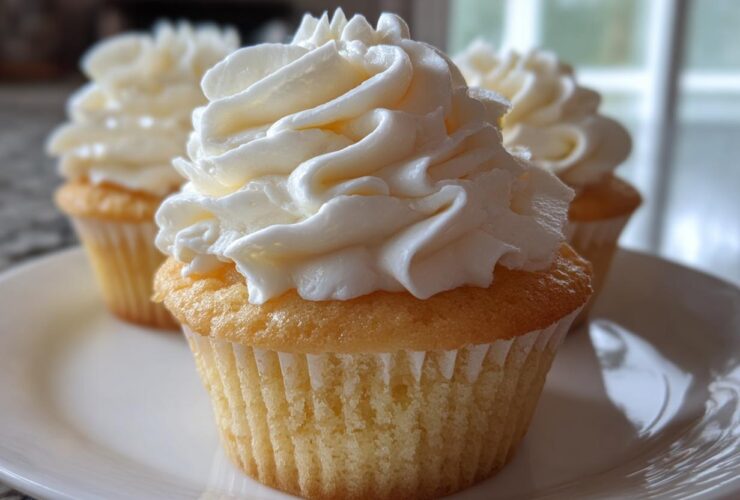Close-up of three amazing vanilla cupcakes topped with high swirls of creamy white frosting on a white plate.
