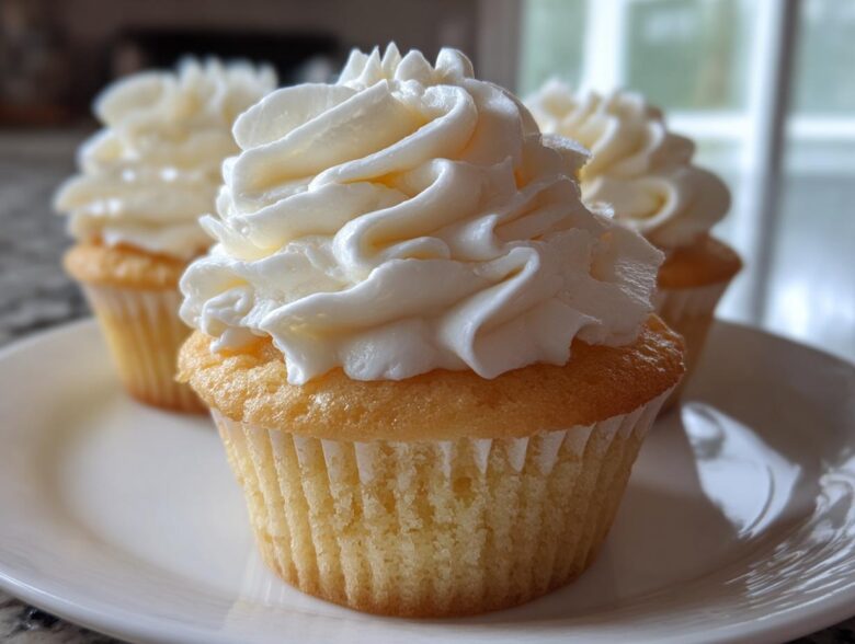 Close-up of three amazing vanilla cupcakes topped with high swirls of creamy white frosting on a white plate.
