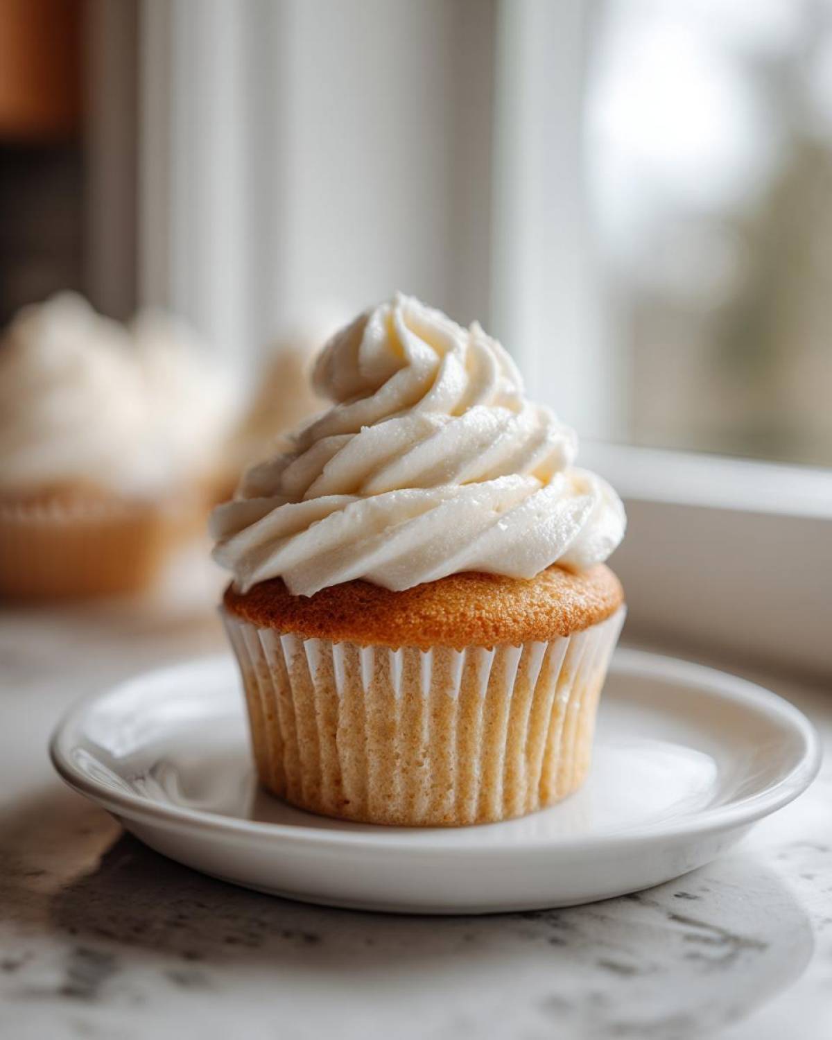 A single, beautifully frosted vanilla cupcake sitting on a small white plate near a window.