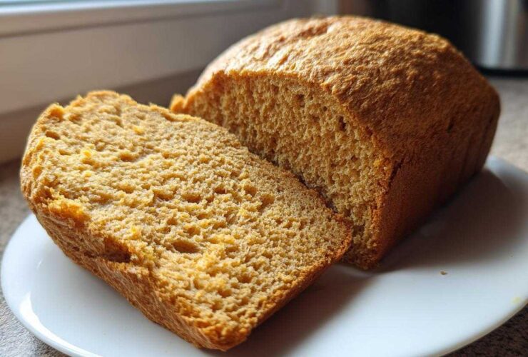 Close-up of a golden brown whole wheat bread loaf with one thick slice cut and resting against it on a white plate.