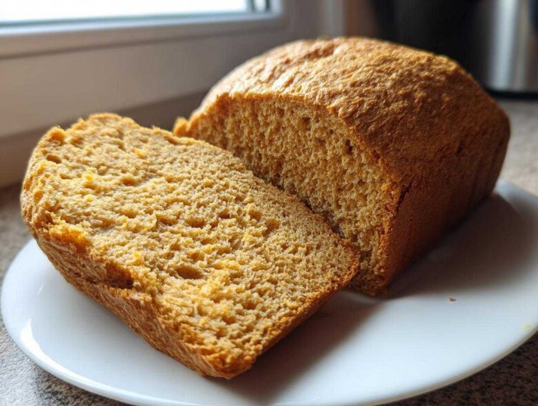 Close-up of a golden brown whole wheat bread loaf with one thick slice cut and resting against it on a white plate.