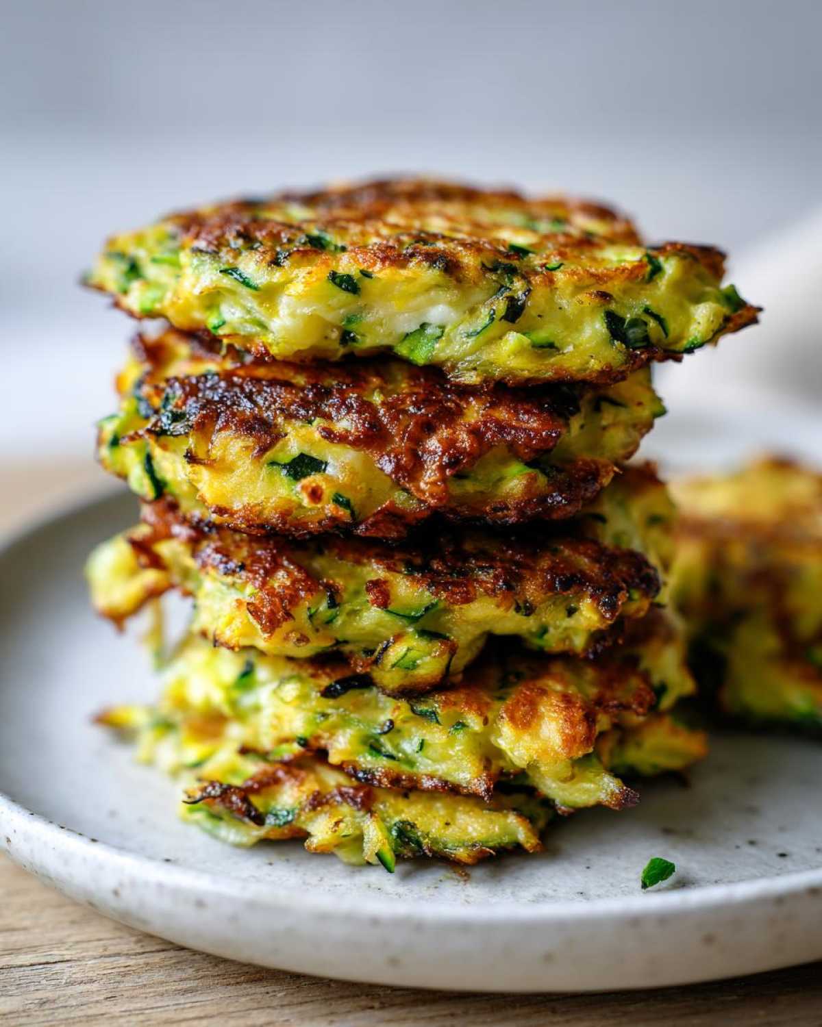A tall stack of five perfectly golden brown zucchini fritters showing shredded green zucchini inside.