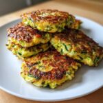 A stack of perfectly golden brown zucchini fritters showing shredded zucchini inside, ready to eat.