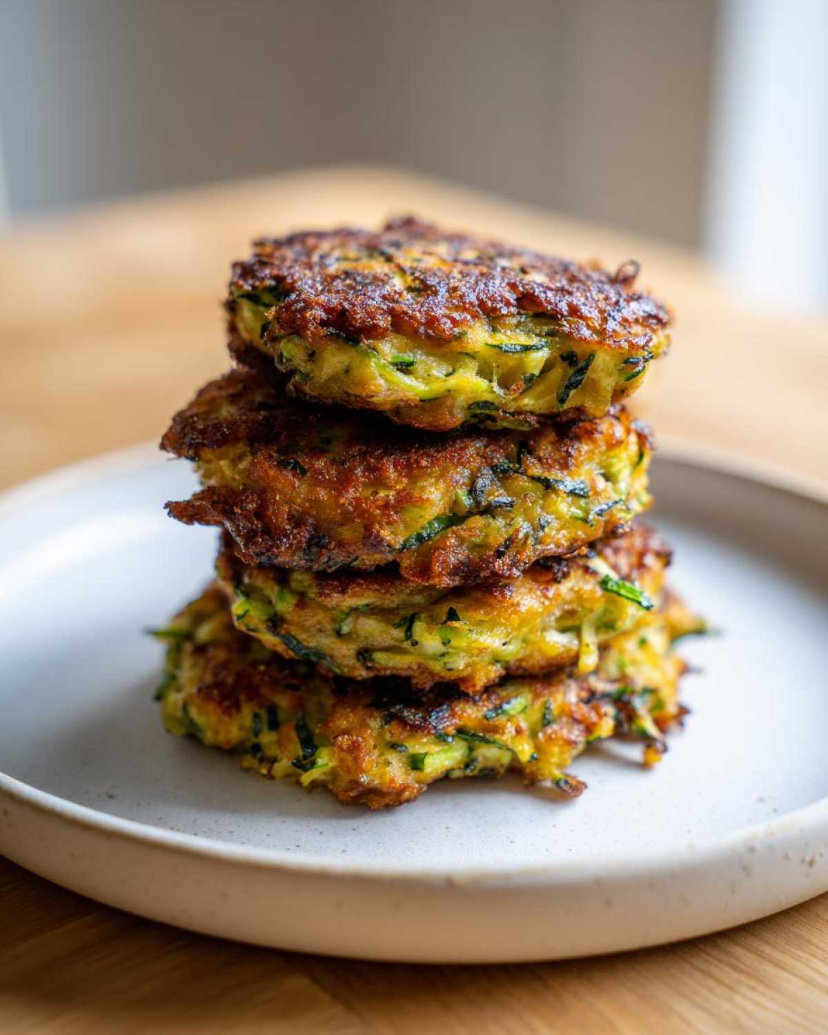 A vertical stack of four golden-brown, crispy zucchini fritters served on a light gray plate.