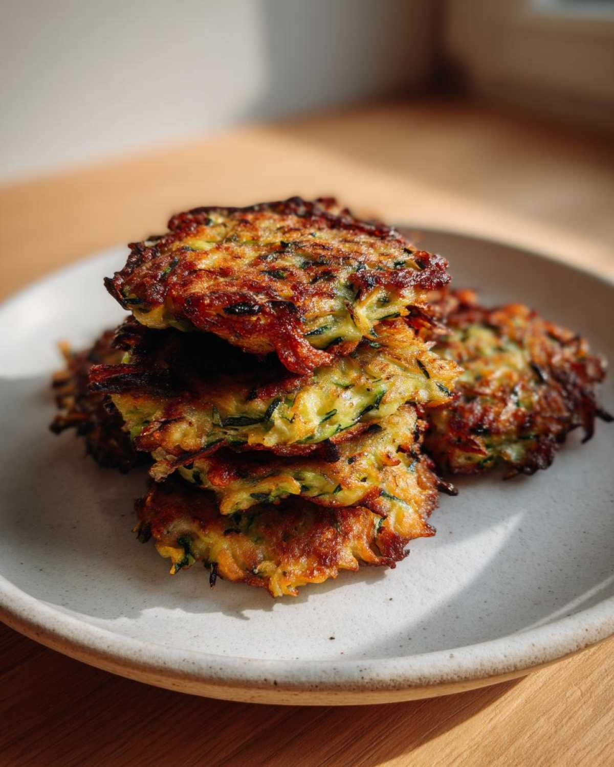 A stack of crispy, golden brown zucchini fritters resting on a light ceramic plate.