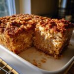 A square portion of warm baked oatmeal with visible apple chunks and a crunchy brown sugar topping, served in a white dish.