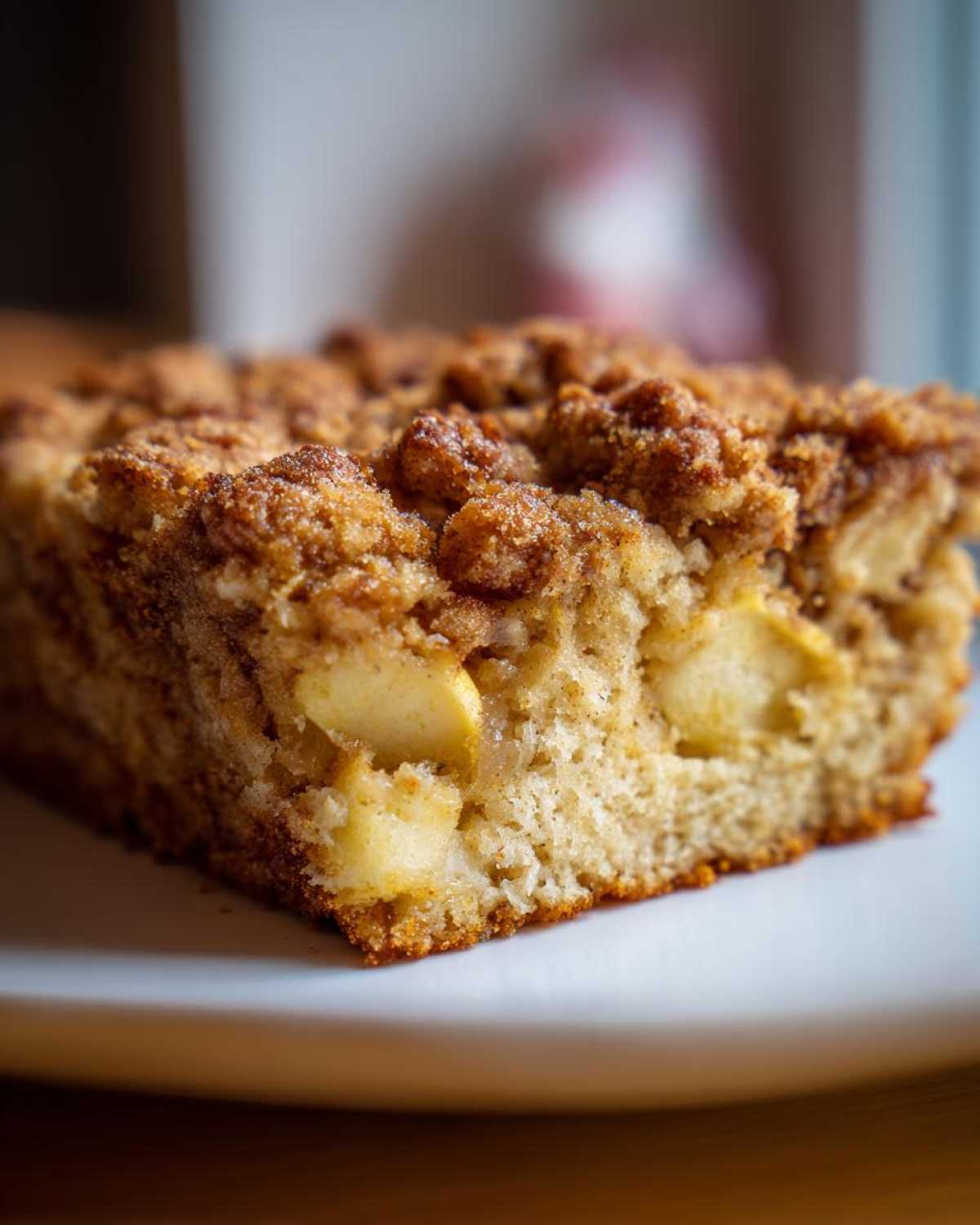 Close-up of a moist slice of apple baked oatmeal topped with a cinnamon streusel crumble.