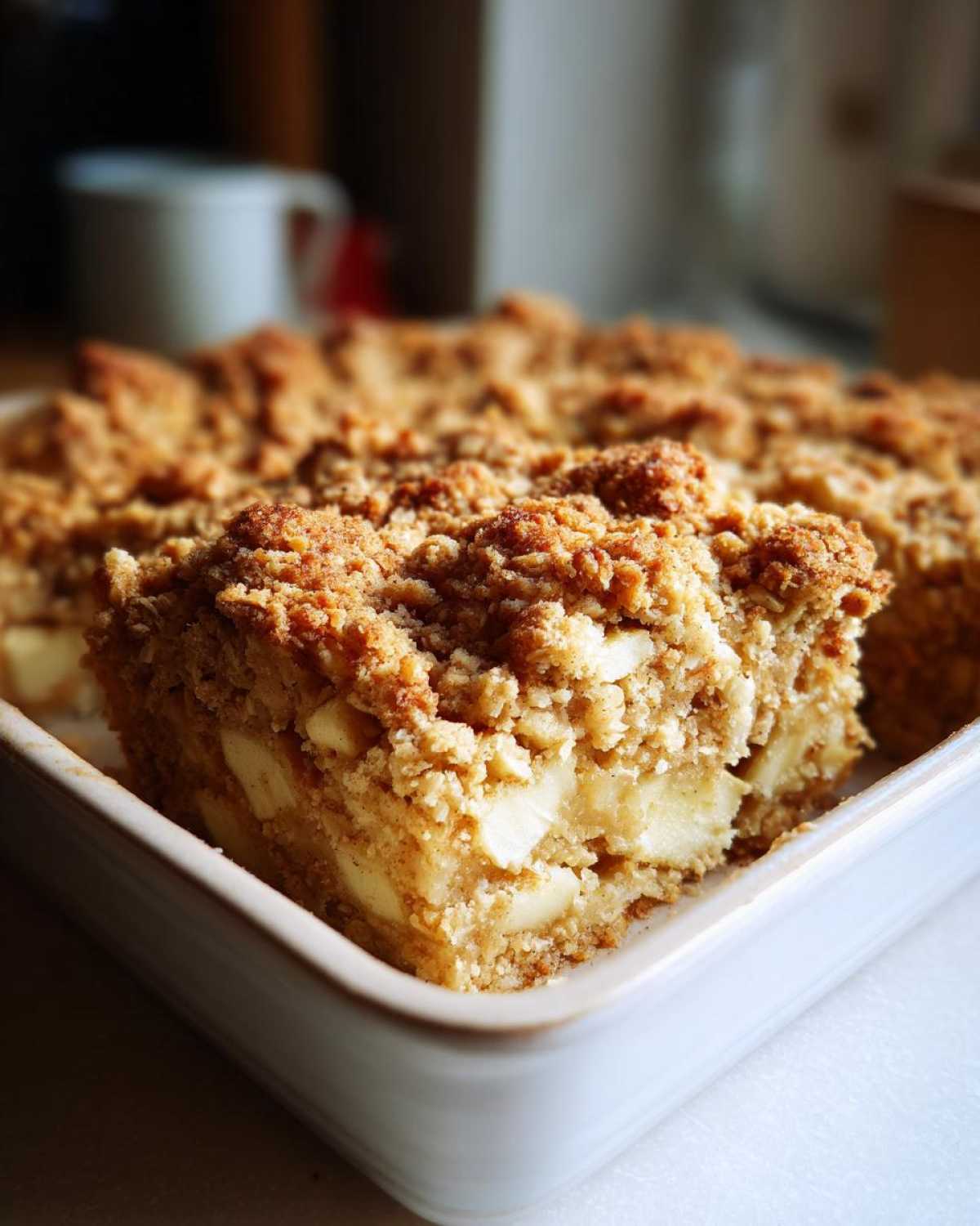 A square slice of apple baked oatmeal topped with a thick, golden brown crumble topping, served in a white baking dish.