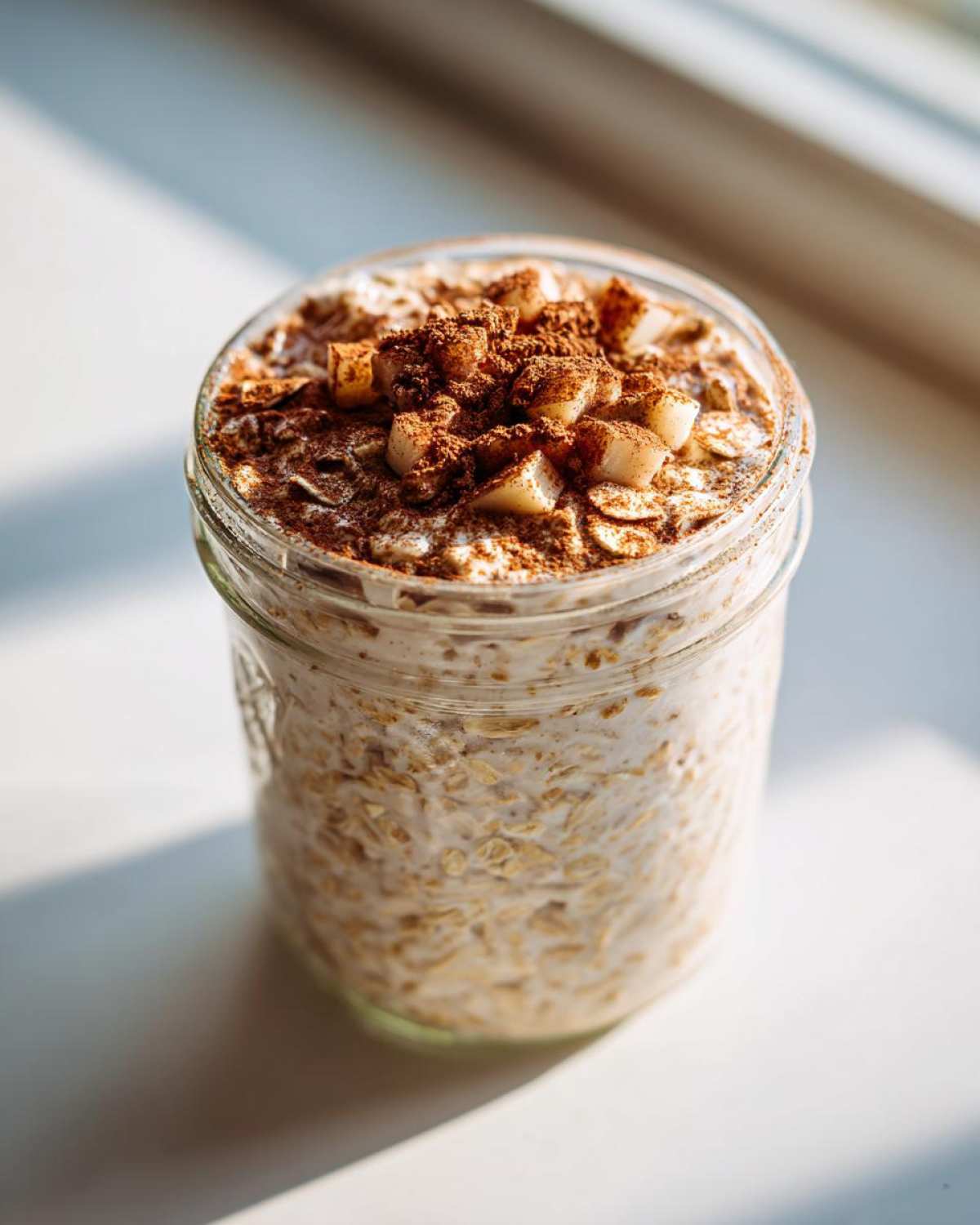Close-up of apple cinnamon overnight oats in a glass jar, topped with diced apples and cinnamon powder.