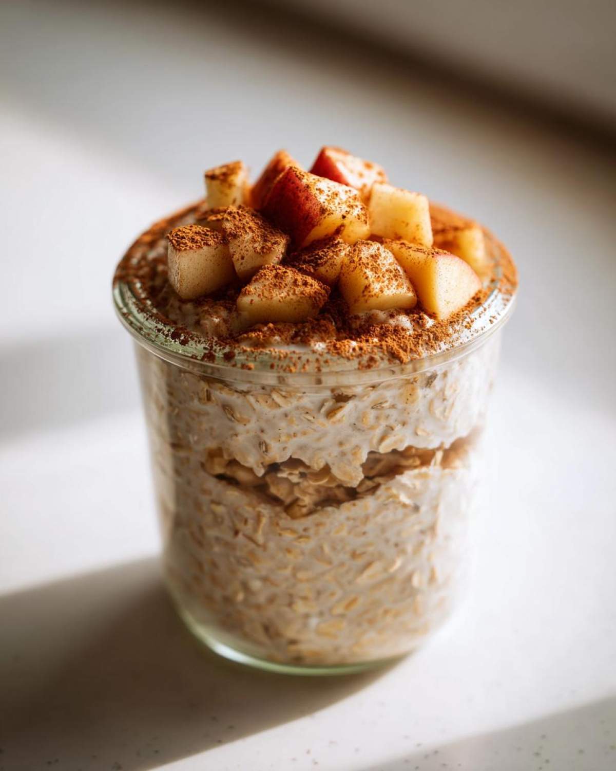 A glass jar filled with creamy apple cinnamon overnight oats, topped with diced apples and a dusting of cinnamon.