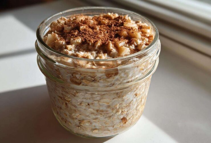 Close-up of apple cinnamon overnight oats prepared in a glass jar, topped with diced apples and cinnamon.