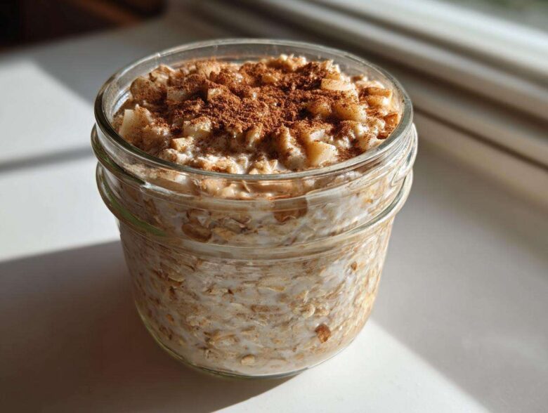 Close-up of apple cinnamon overnight oats prepared in a glass jar, topped with diced apples and cinnamon.