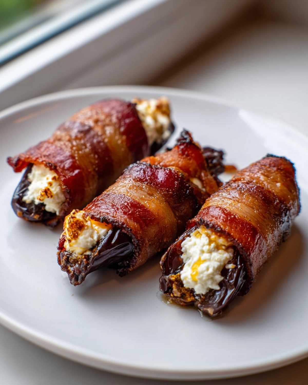 Three bacon wrapped stuffed dates filled with white cheese and drizzled with honey, served on a white plate.