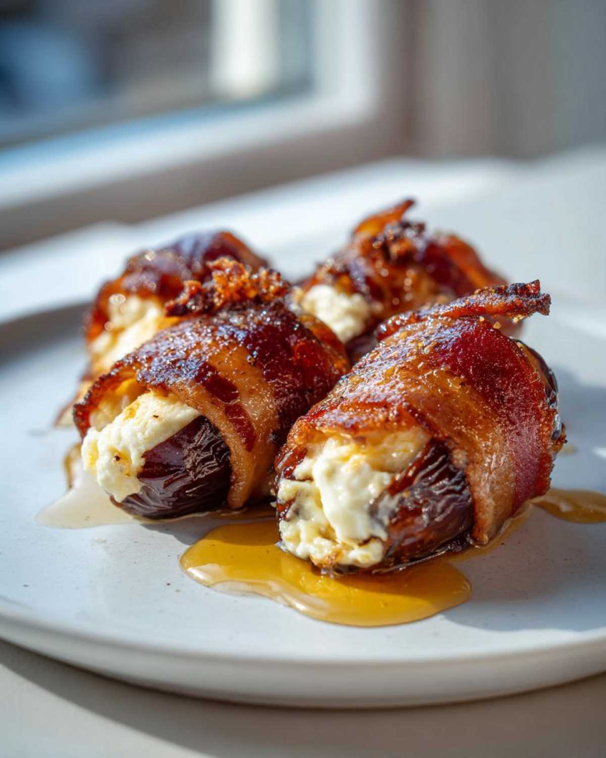 Four crispy, bacon-wrapped stuffed dates filled with white cheese, drizzled with honey or syrup.