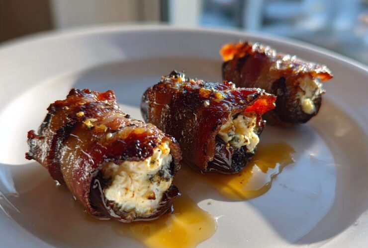 Three bacon wrapped stuffed dates filled with cheese, glistening with a glaze on a white plate.