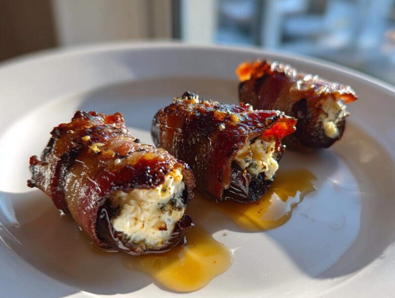 Three bacon wrapped stuffed dates filled with cheese, glistening with a glaze on a white plate.
