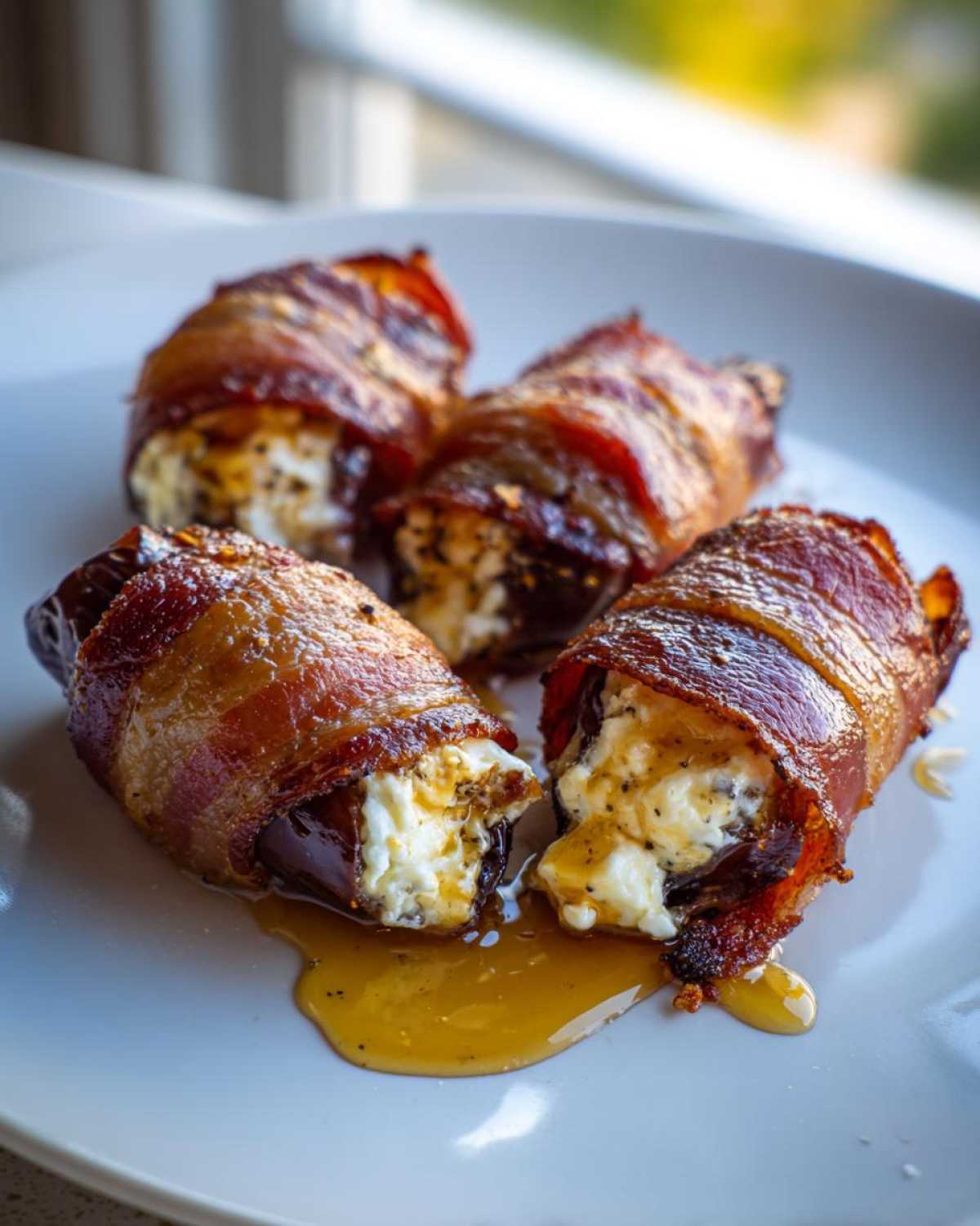 Four crispy bacon wrapped stuffed dates filled with creamy cheese, drizzled with honey.