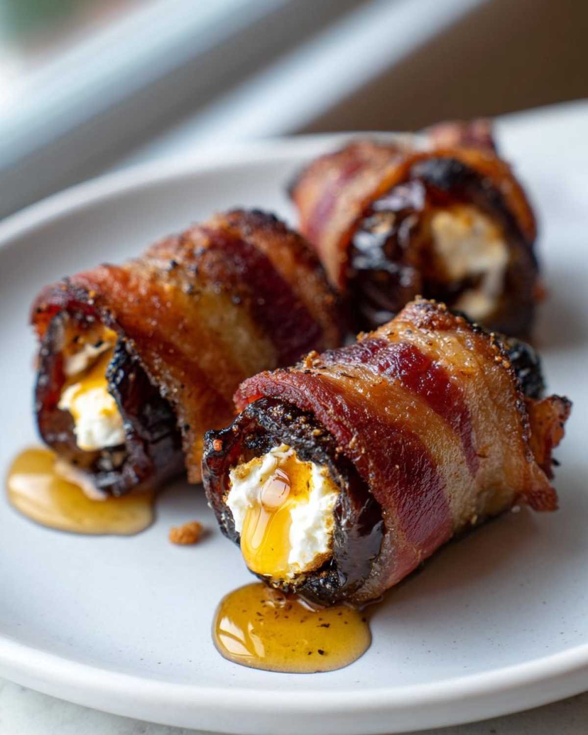 Close-up of three bacon wrapped stuffed dates filled with cheese and drizzled with honey.
