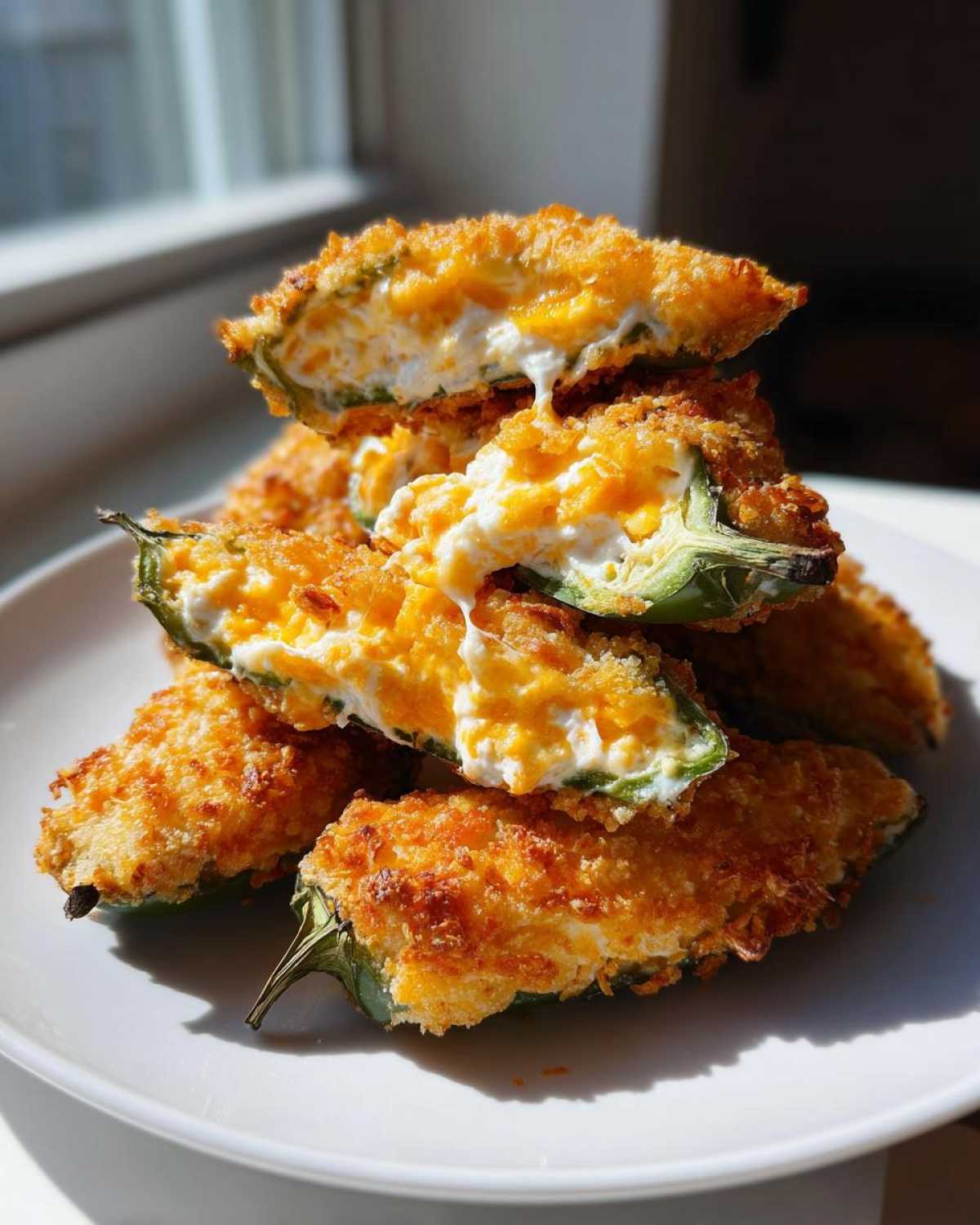 A stack of golden-brown baked Jalapeño poppers, cut in half to show the creamy cheese filling.