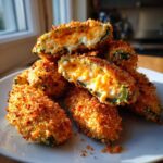A pile of golden brown, baked Jalapeño poppers, one cut open showing a melted cheese filling.