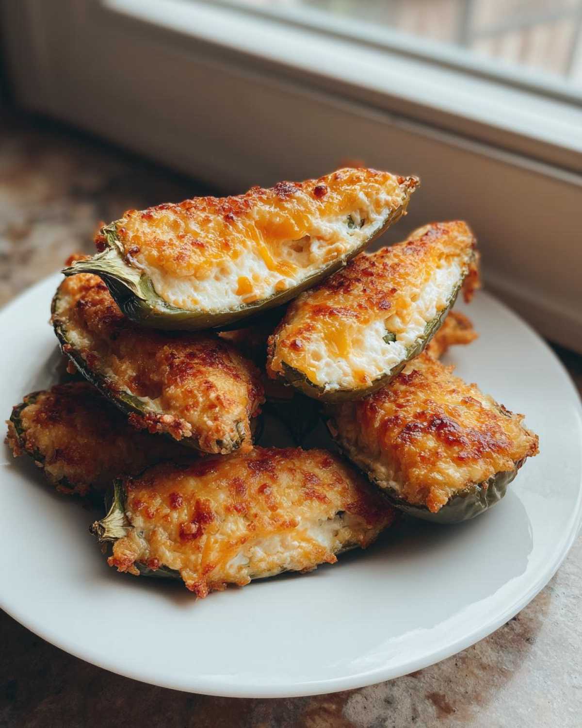 A stack of baked jalapeño poppers filled with cream cheese and topped with melted, browned cheese.