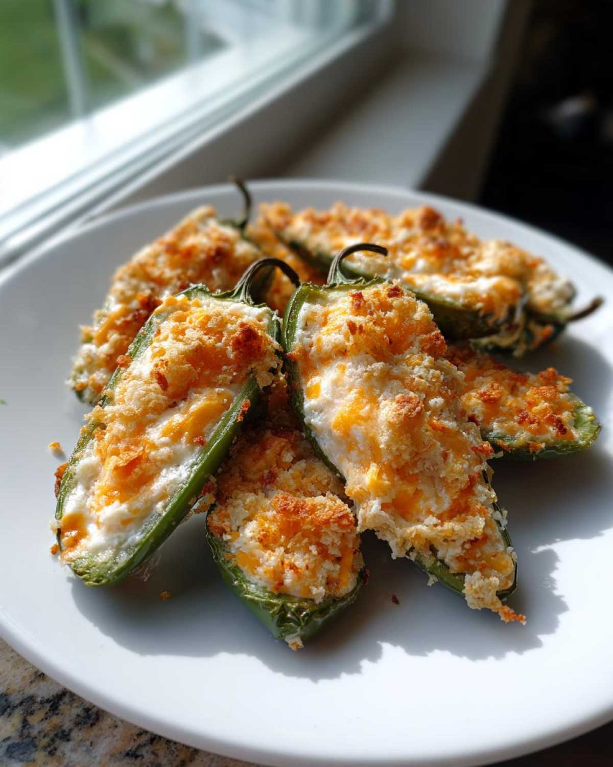 A plate of baked jalapeño poppers stuffed with cheese and topped with golden breadcrumbs.