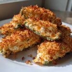 Close-up of baked jalapeño poppers halves showing a crispy golden crust and creamy cheese filling.