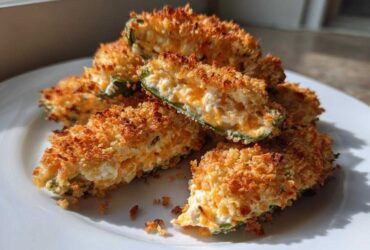 Close-up of baked jalapeño poppers halves showing a crispy golden crust and creamy cheese filling.