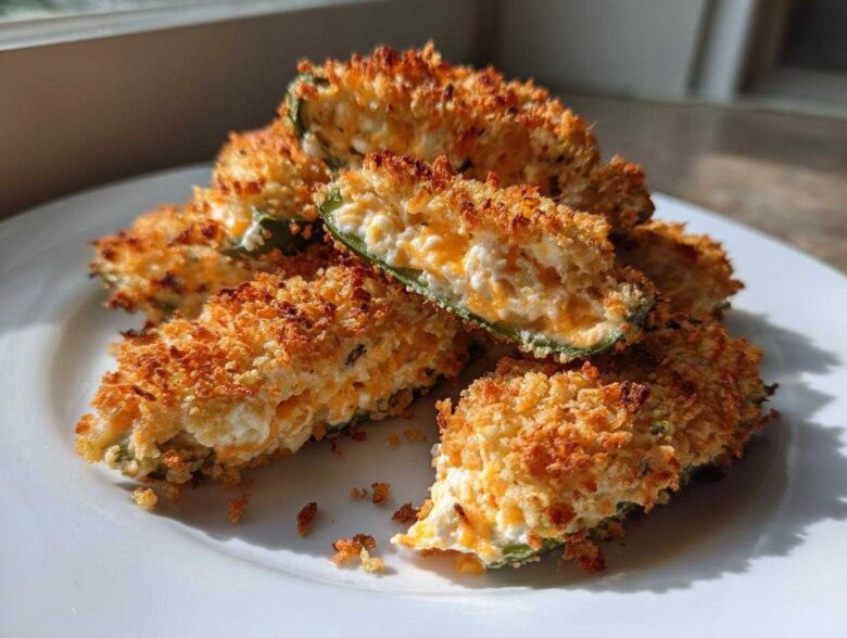 Close-up of baked jalapeño poppers halves showing a crispy golden crust and creamy cheese filling.