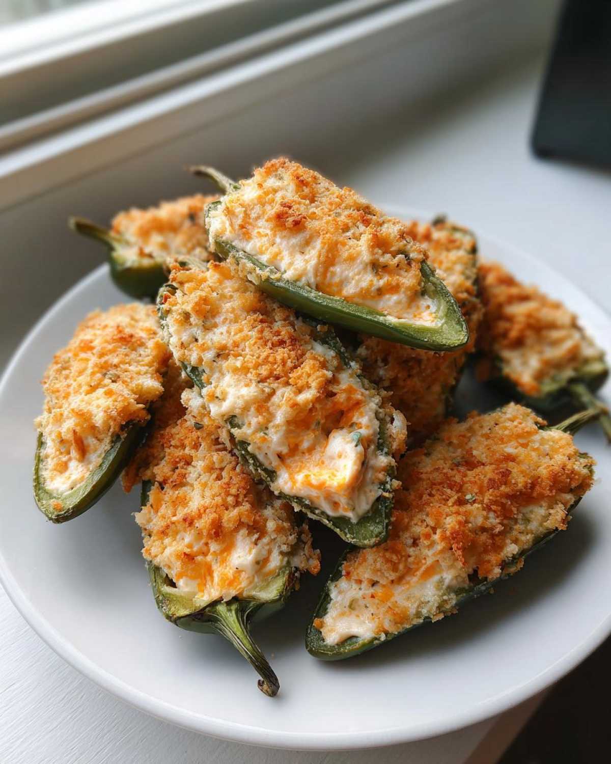 A close-up of several baked jalapeño poppers filled with creamy cheese and topped with golden breadcrumbs, ready to eat.
