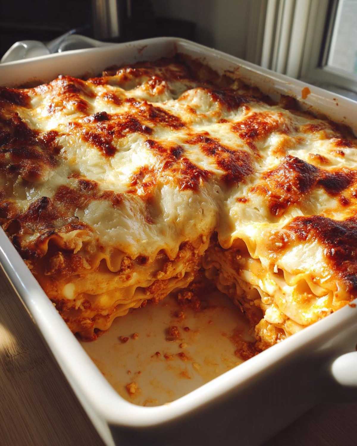 A white baking dish filled with freshly baked lazy lasagna, showing layers and a bubbly, browned cheese top.