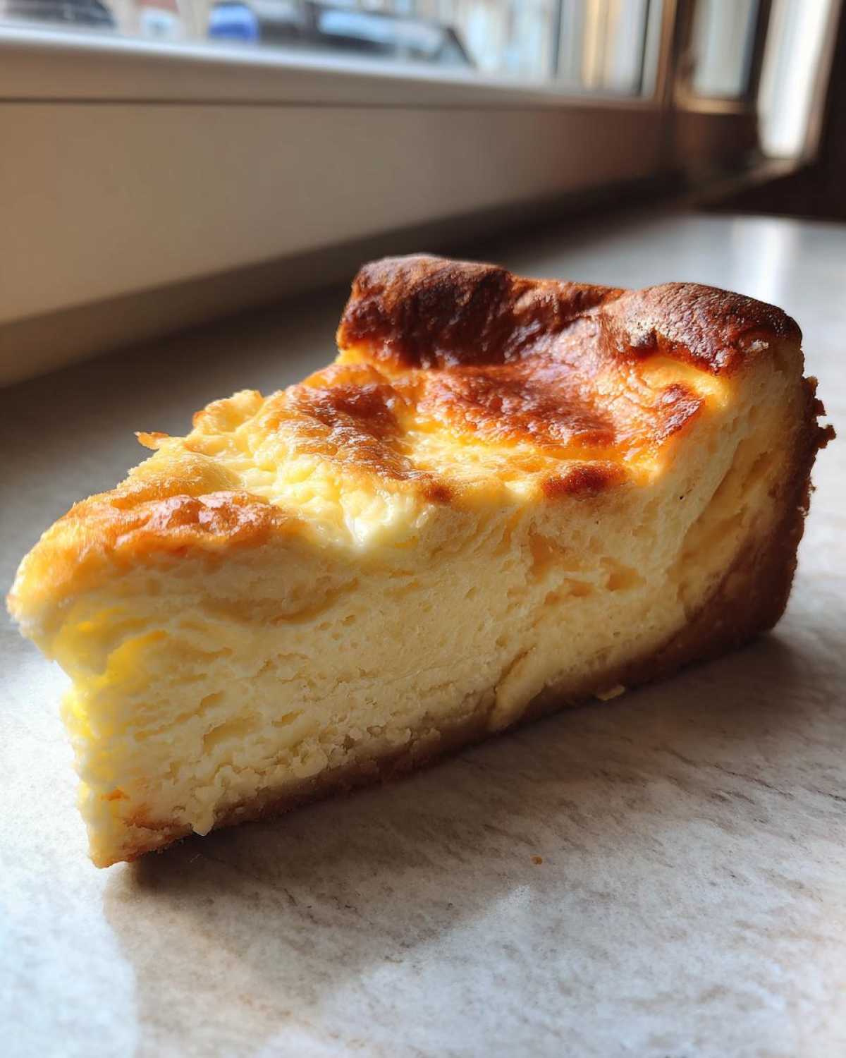 A close-up shot of a thick slice of baked Protein Cheesecake with a rich, golden-brown caramelized top.