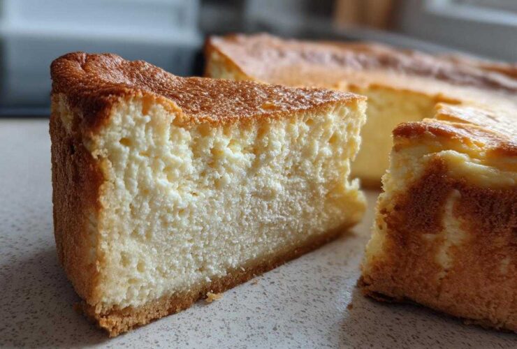 Close-up of a thick slice of baked Protein Cheesecake showing its creamy texture and golden-brown crust.