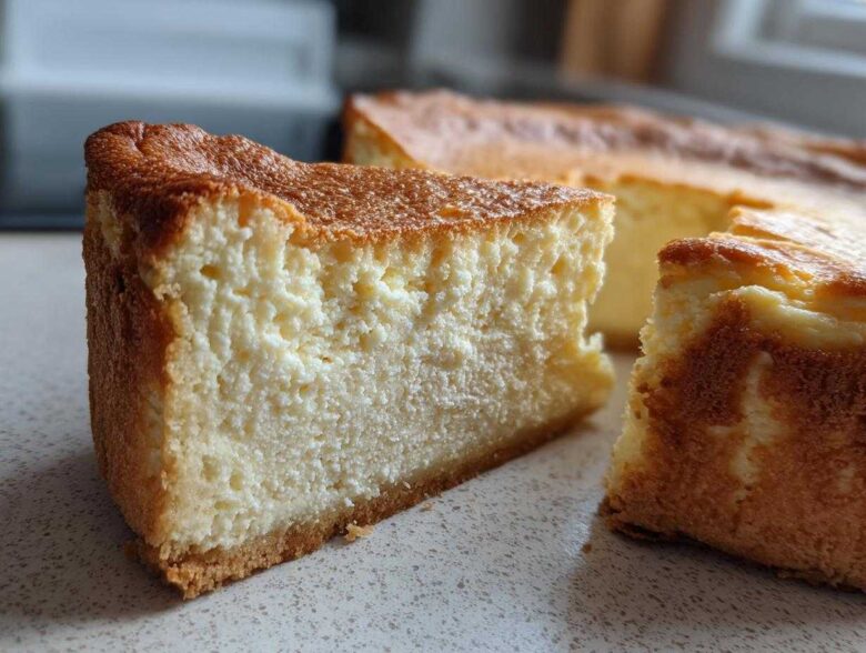Close-up of a thick slice of baked Protein Cheesecake showing its creamy texture and golden-brown crust.