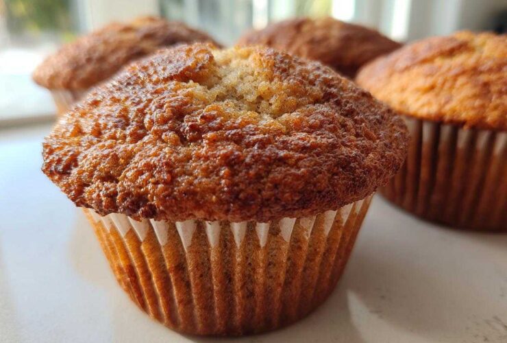 A close-up of a perfectly baked banana protein muffin with a golden-brown, textured top, sitting in a white liner.