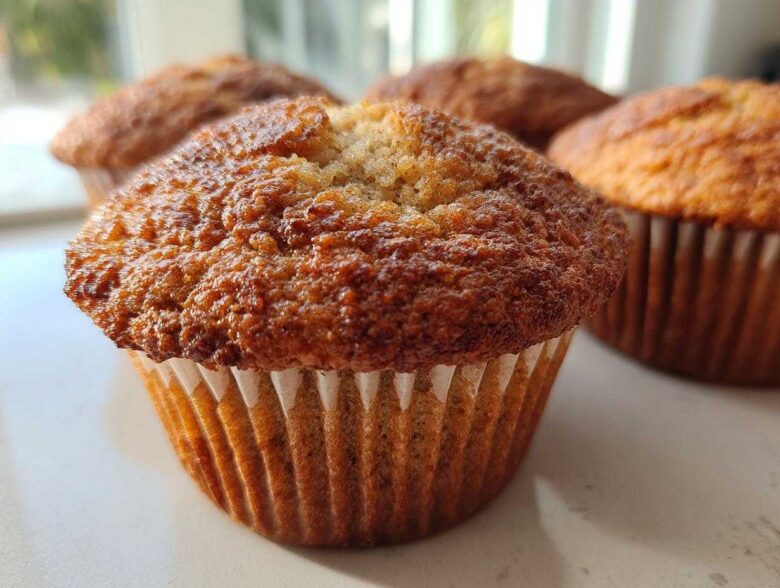 A close-up of a perfectly baked banana protein muffin with a golden-brown, textured top, sitting in a white liner.