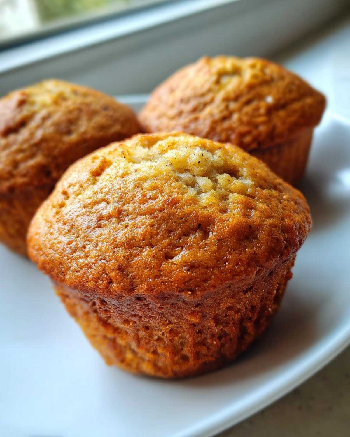 Close-up of three freshly baked, golden-brown banana protein muffins resting on a white plate.